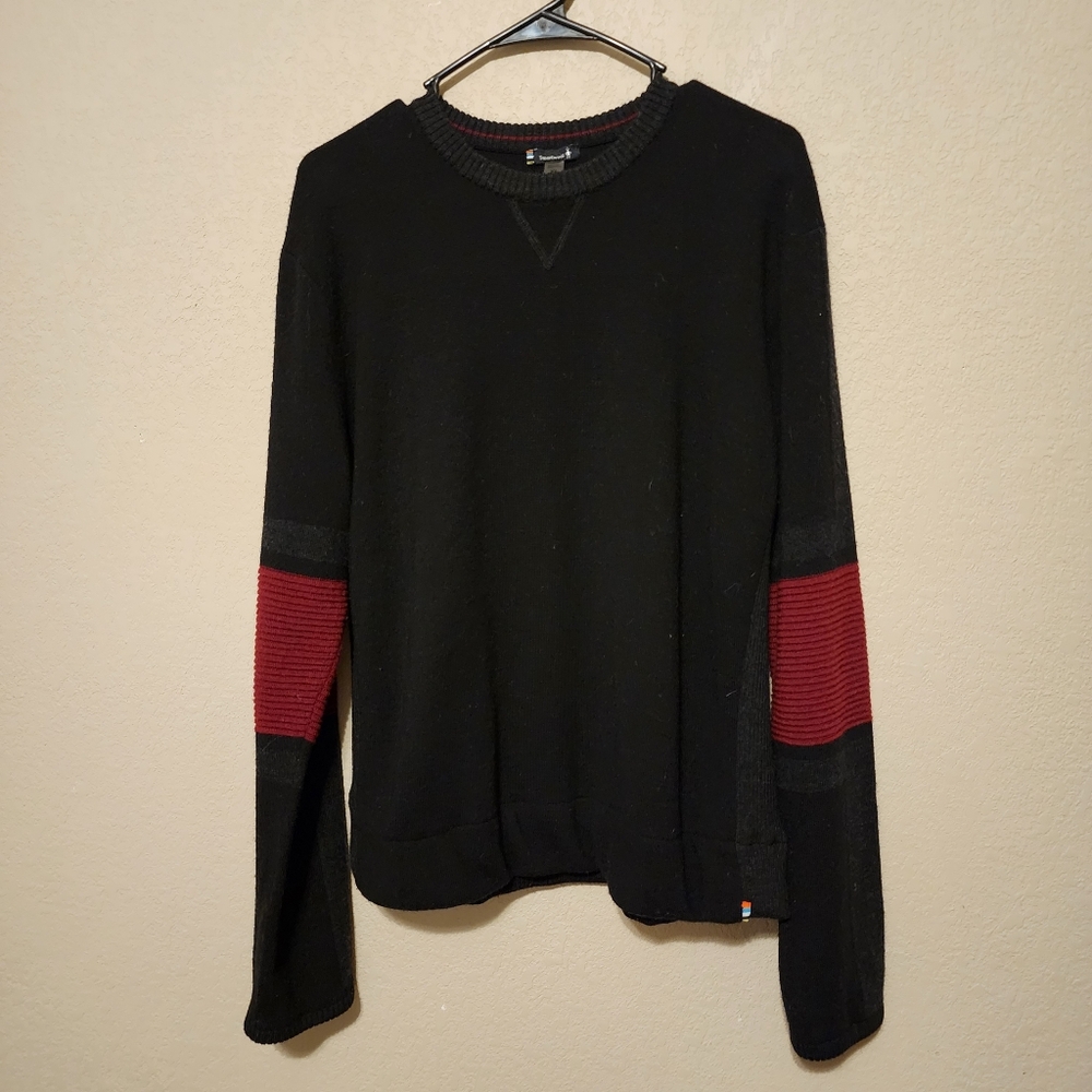 Smartwool Kiva Ridge Crew Sweater Mens XL Merino Wool Black Red Striped Sleeve